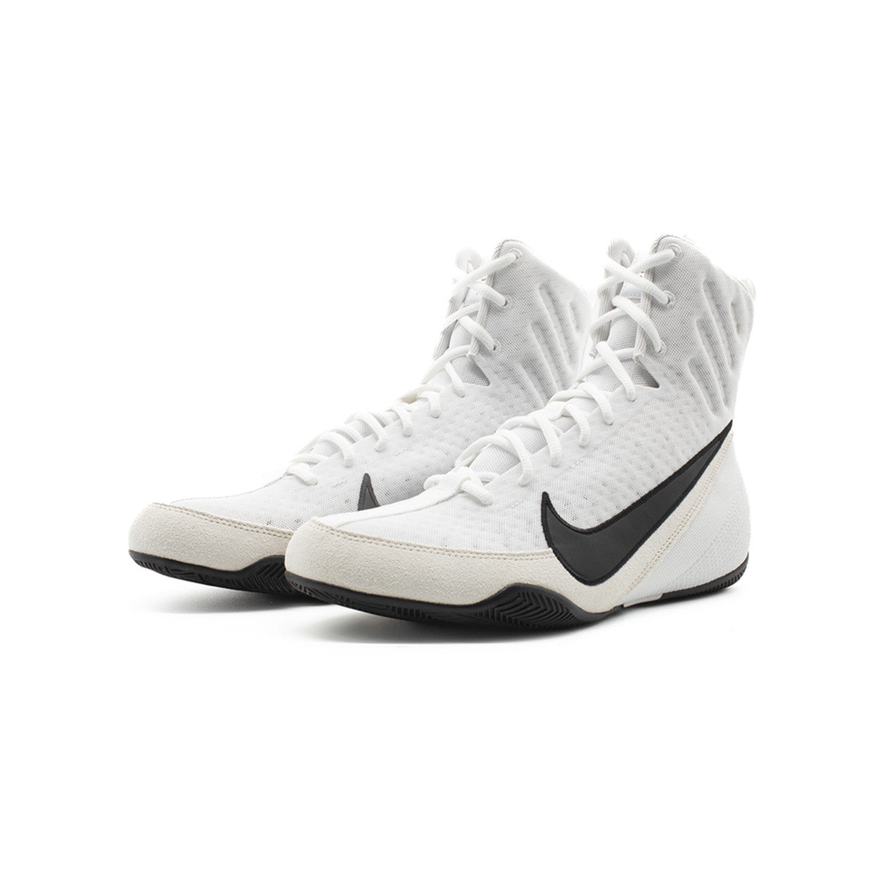 White high-top Nike boxing shoes with black accents on a white background