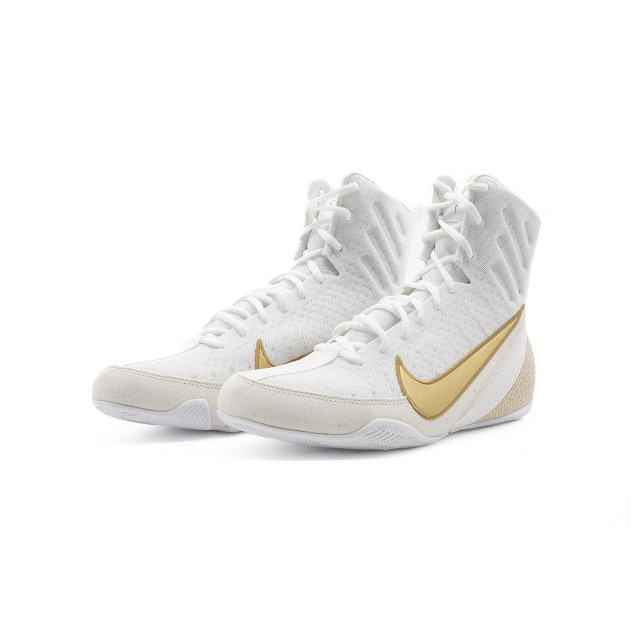 White high-top Nike boxing sneakers with a gold Nike logo on a white background
