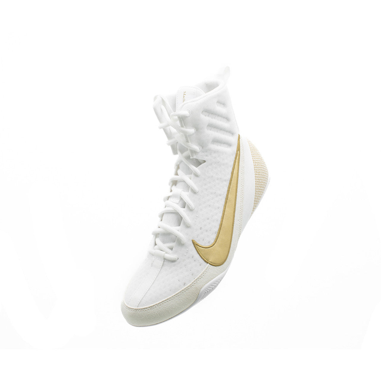 White boxing bootr with a gold swoosh logo on a white background
