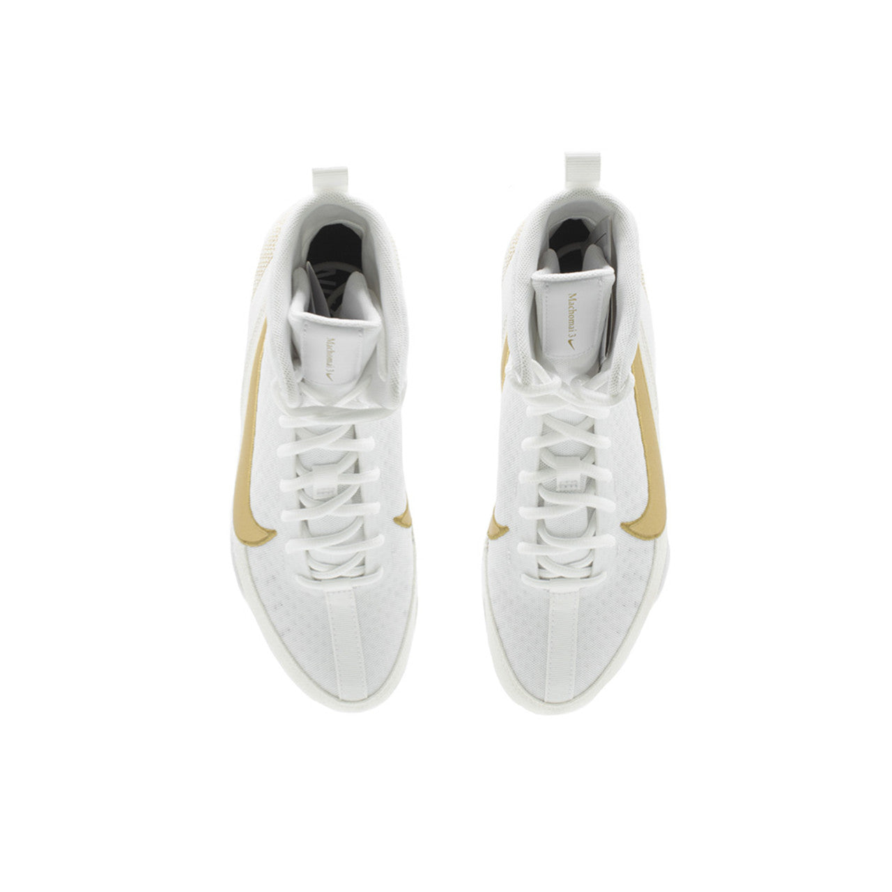 White Nike boxing shoe with gold accents on a white background