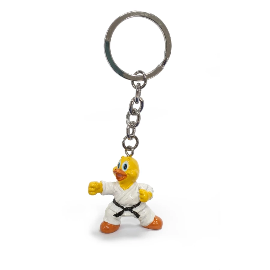Keychain with a duck character in a karate outfit on a white background