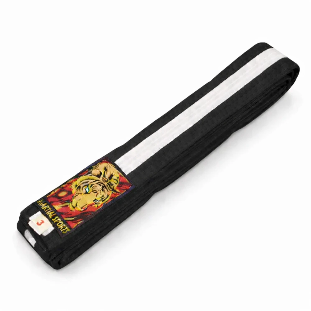 Black belt with a colorful lion design on a white background