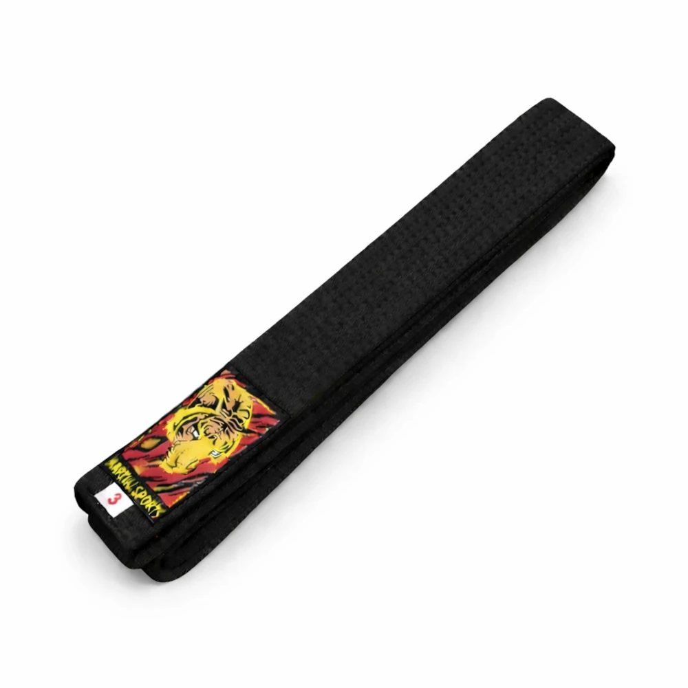 Black belt with a colorful emblem on a white background