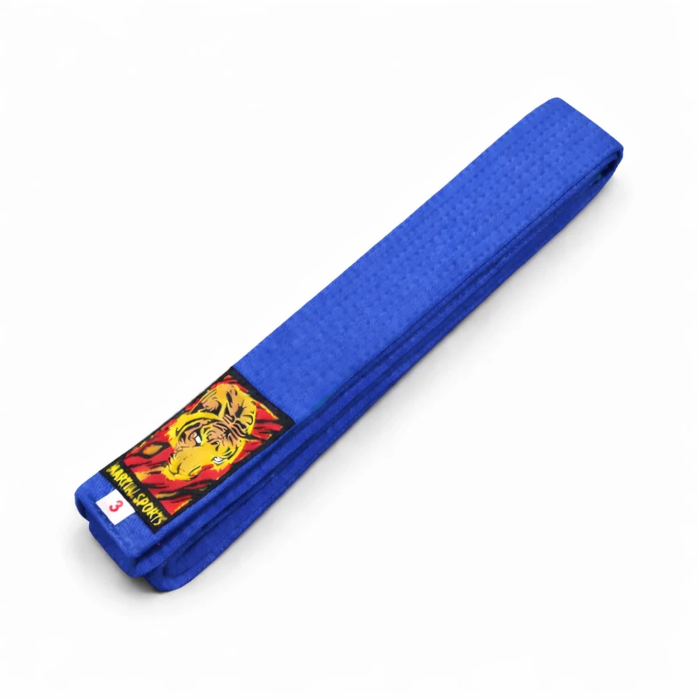Blue martial arts belt with a colourful belt patch on a white background