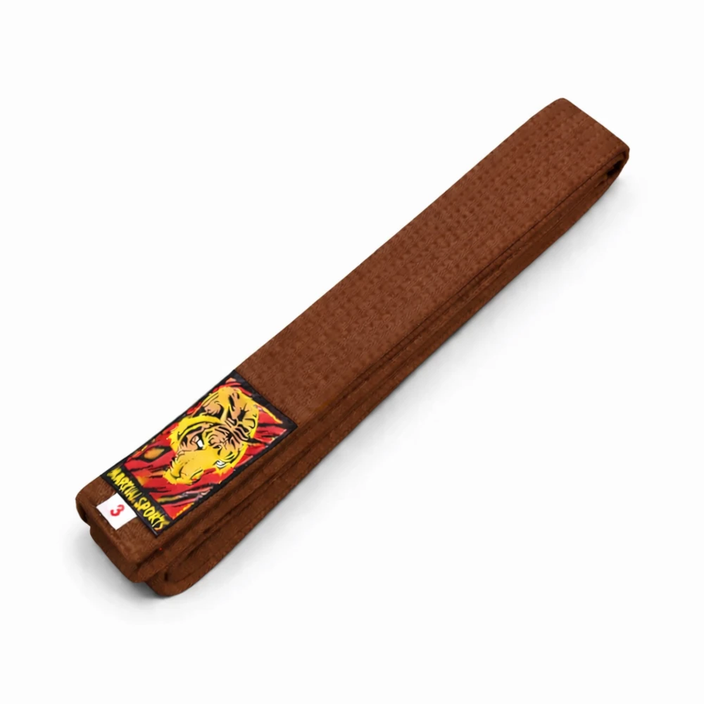 Brown belt with a colorful emblem on a white background