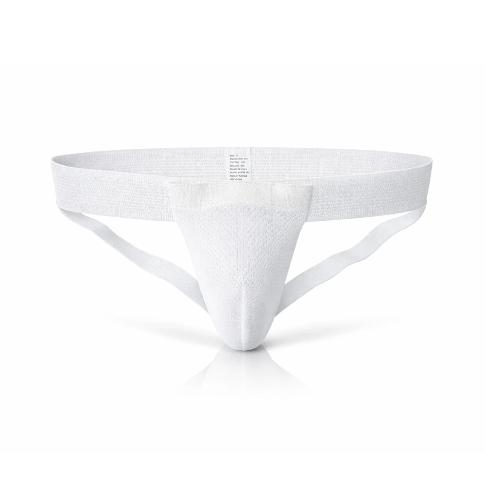White men's cloth groin guard on a white background