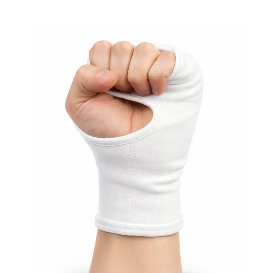 Hand wearing a white martial arts hand mitt on a white background