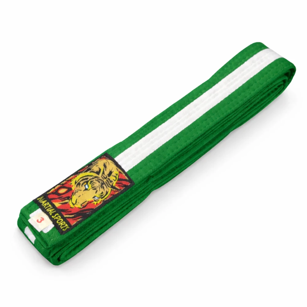 Green martial arts belt with a lion design on a white background