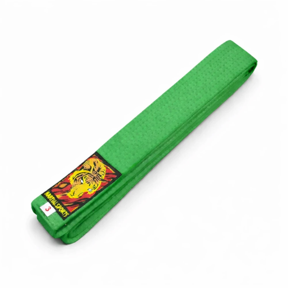 Green martial arts belt with a colorful belt patch on a white background