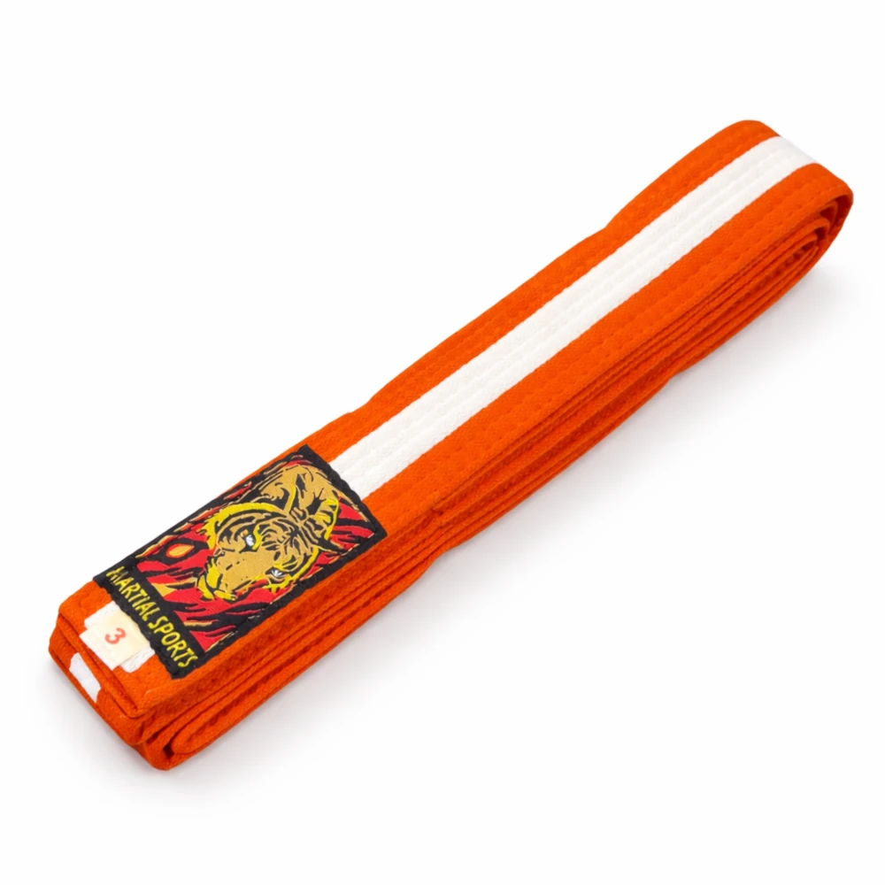 Orange martial arts belt with a logo on a white background