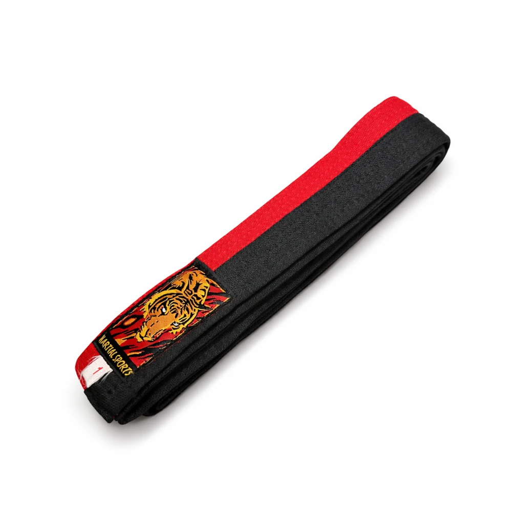 Black and red belt with a tiger design on a white background