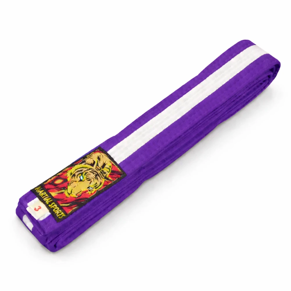 Purple martial arts belt with a white stripe and colorful belt label on a white background