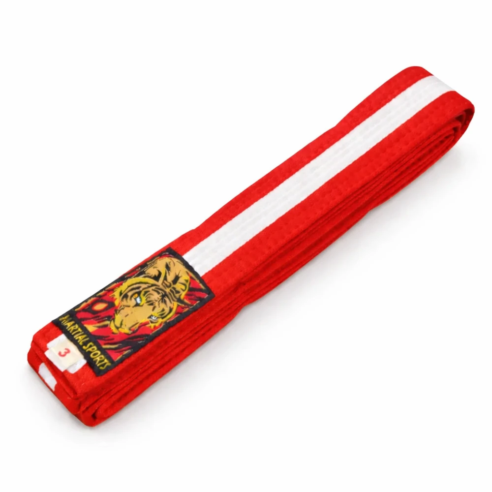 Red martial arts belt with a white stripe and tiger emblem on a white background