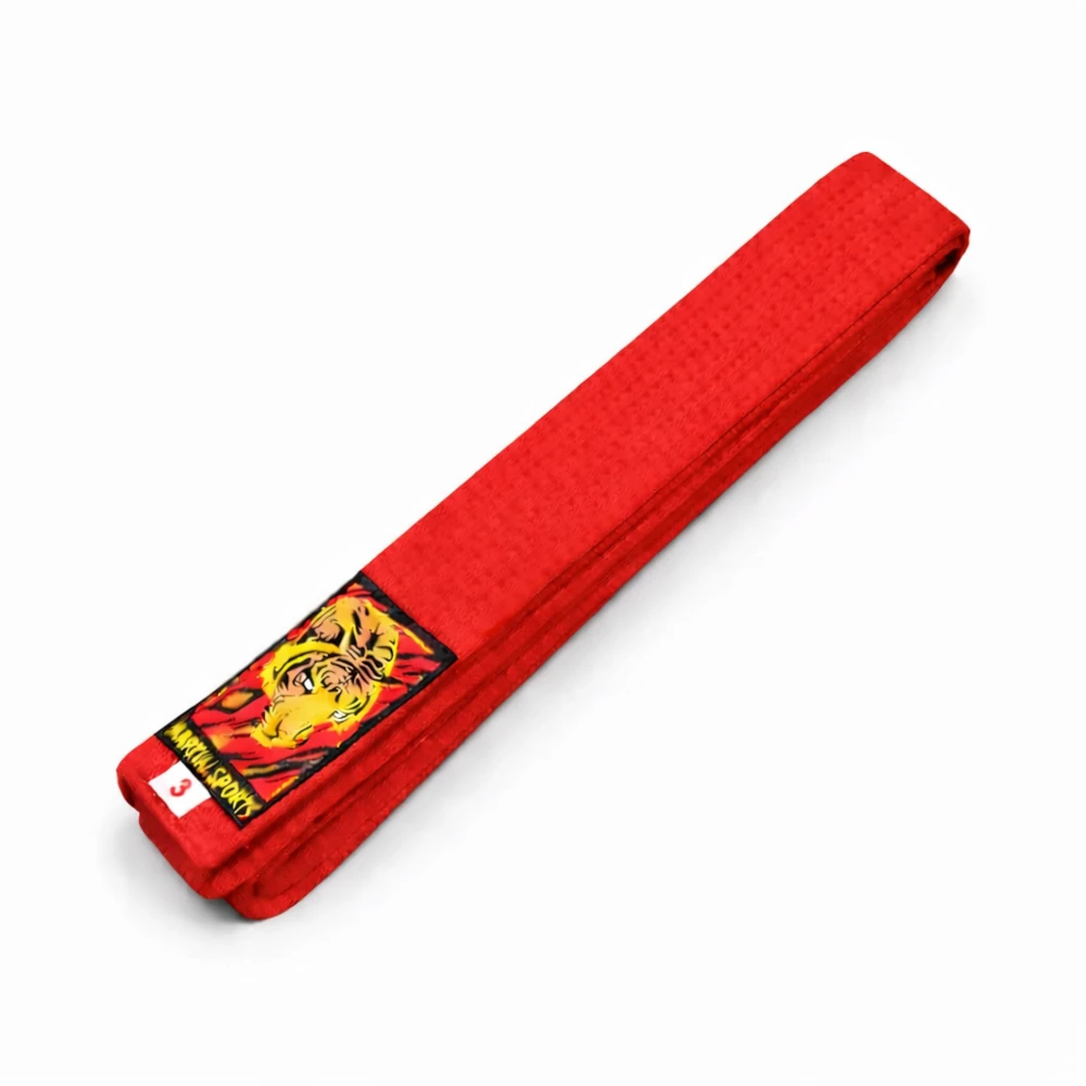 Red martial arts belt with a logo on a white background