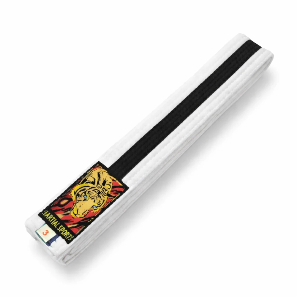 White martial arts belt with a black stripe and tiger design on a white background