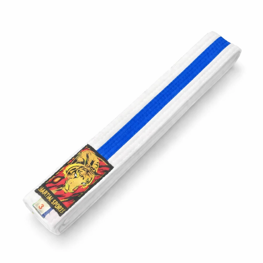 White martial arts belt with blue stripe and logo on a white background
