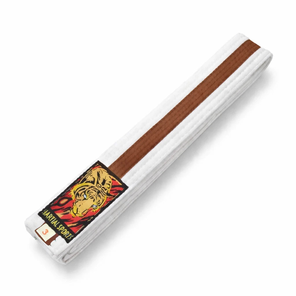 White martial arts belt with a brown stripe and tiger emblem on a white background