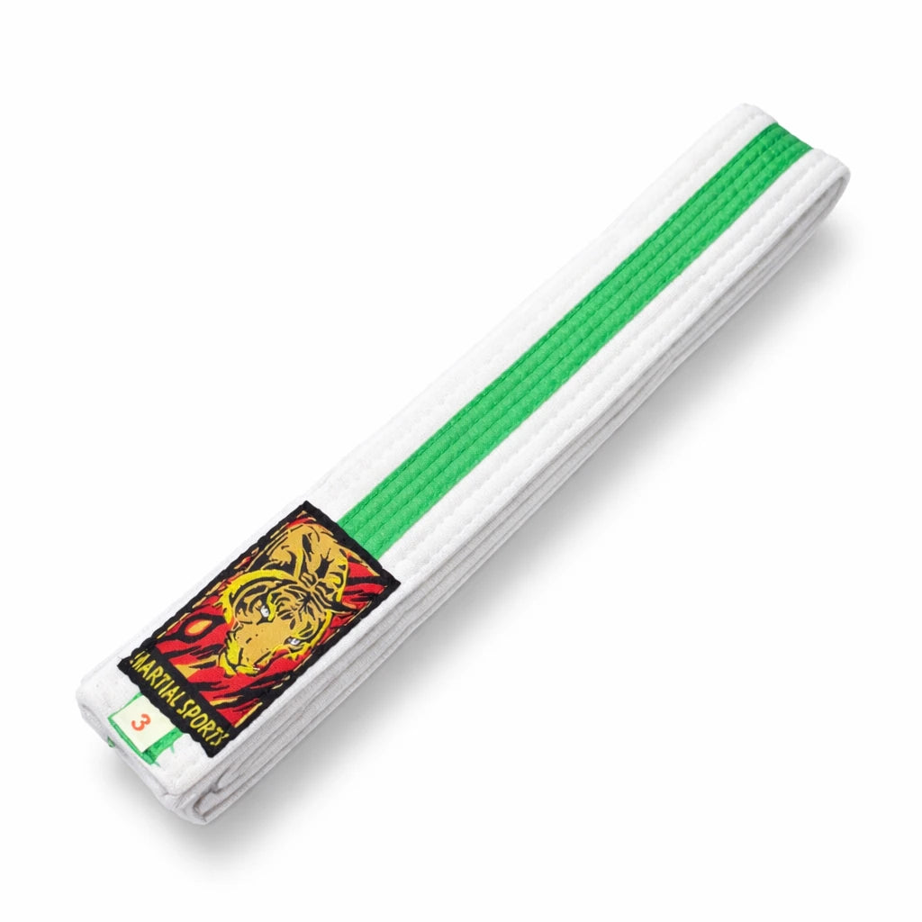 White martial arts belt with green stripe and logo on a white background