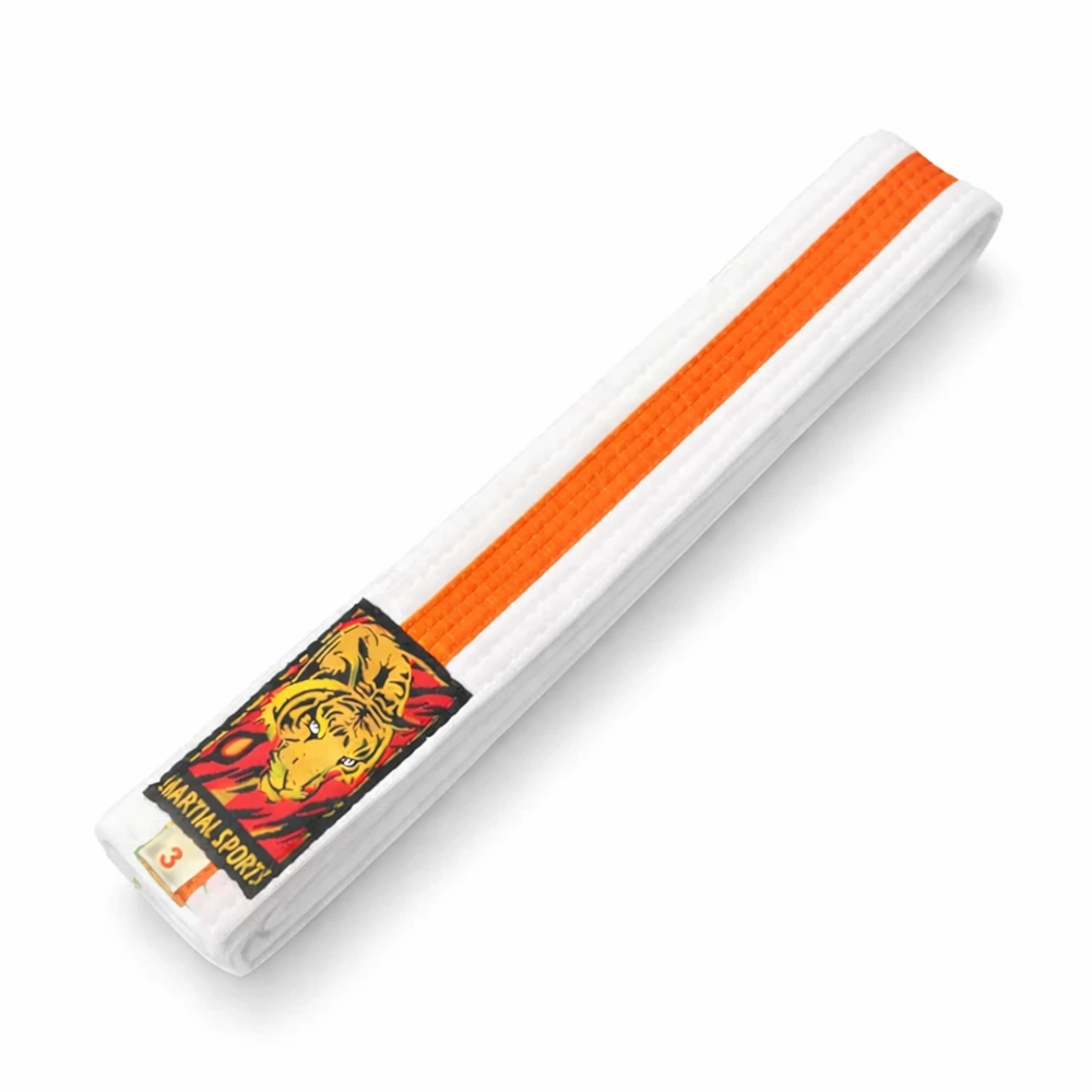 White martial arts belt with orange stripe and logo on a white background