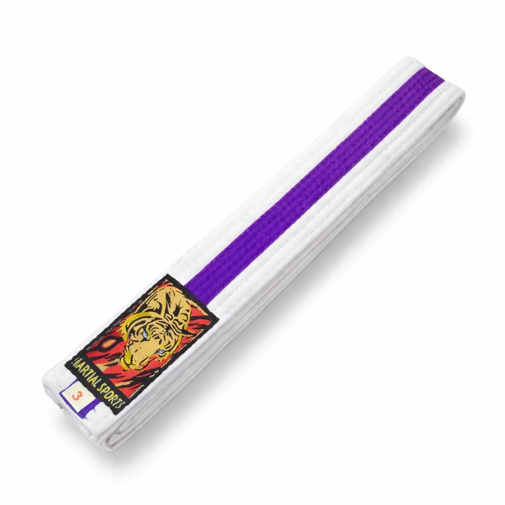 White martial arts belt with purple stripe and tiger emblem on a white background