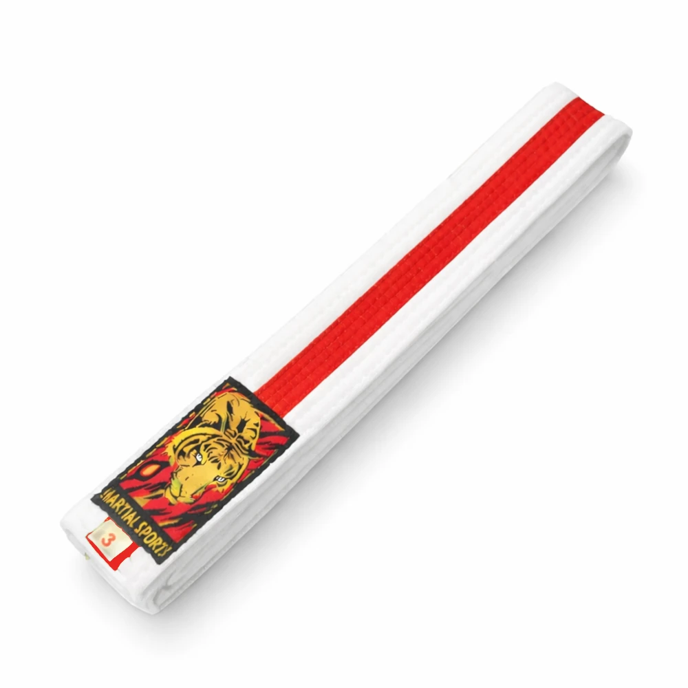 White martial arts belt with red stripe and logo on a white background