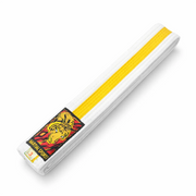 White martial arts belt with yellow stripe and logo on a white background
