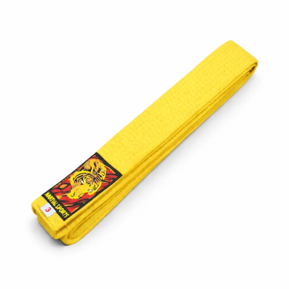 Yellow martial arts belt with a logo on a white background