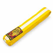 Yellow martial arts belt with a tiger emblem on a white background