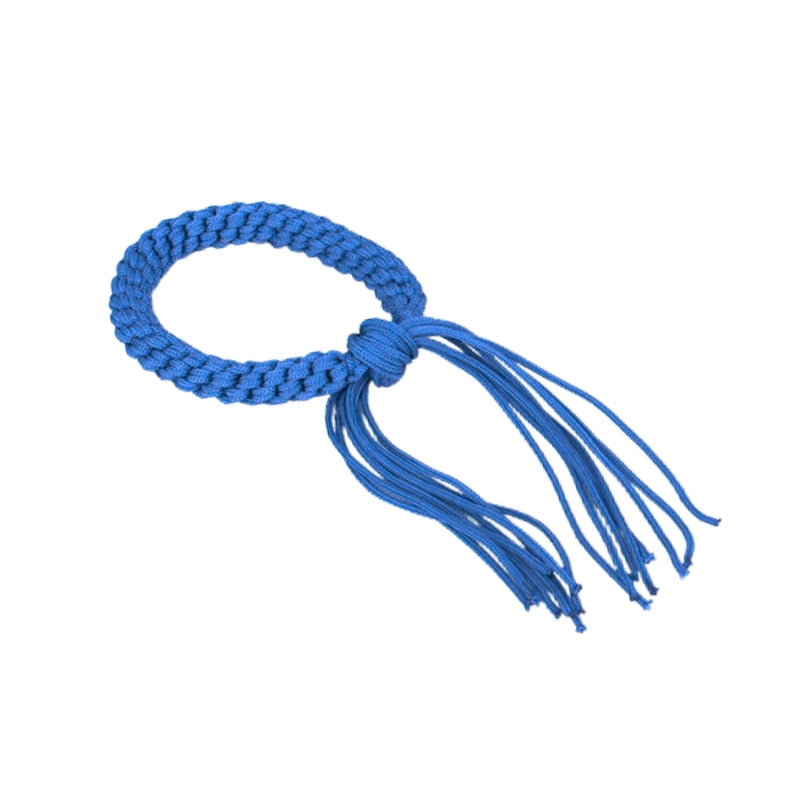 Blue braided armband with tassels on a white background