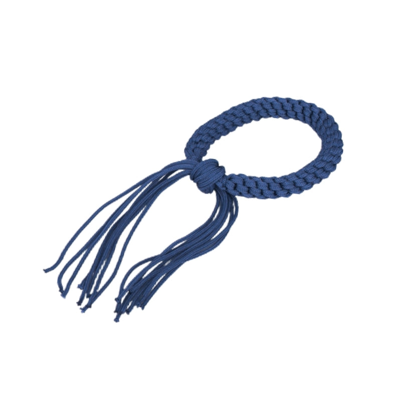 Blue braided arm bracelet with tassels on a white background