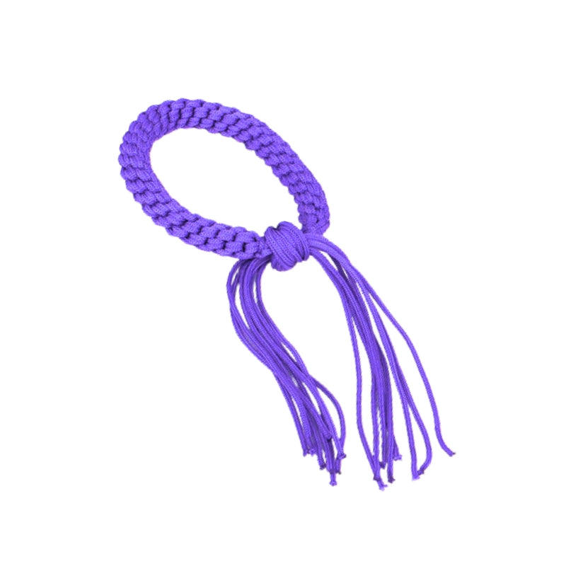 Purple braided cord with tassels on a white background