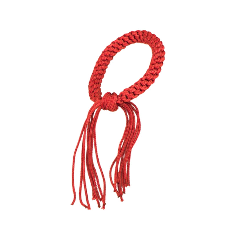 Red braided cord with tassels on a white background
