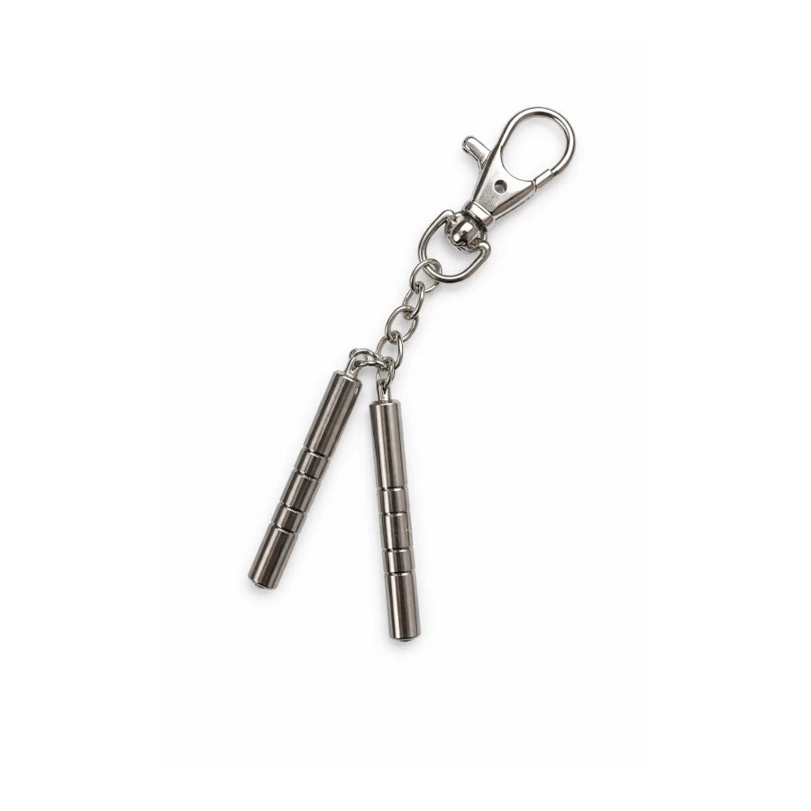 Metallic keychain with nunchucks pendant on a white background