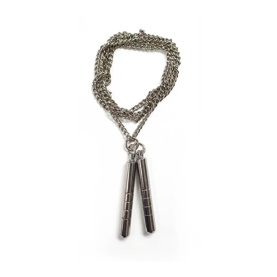 Silver chain bracelet with nunchucku pendant on a white background