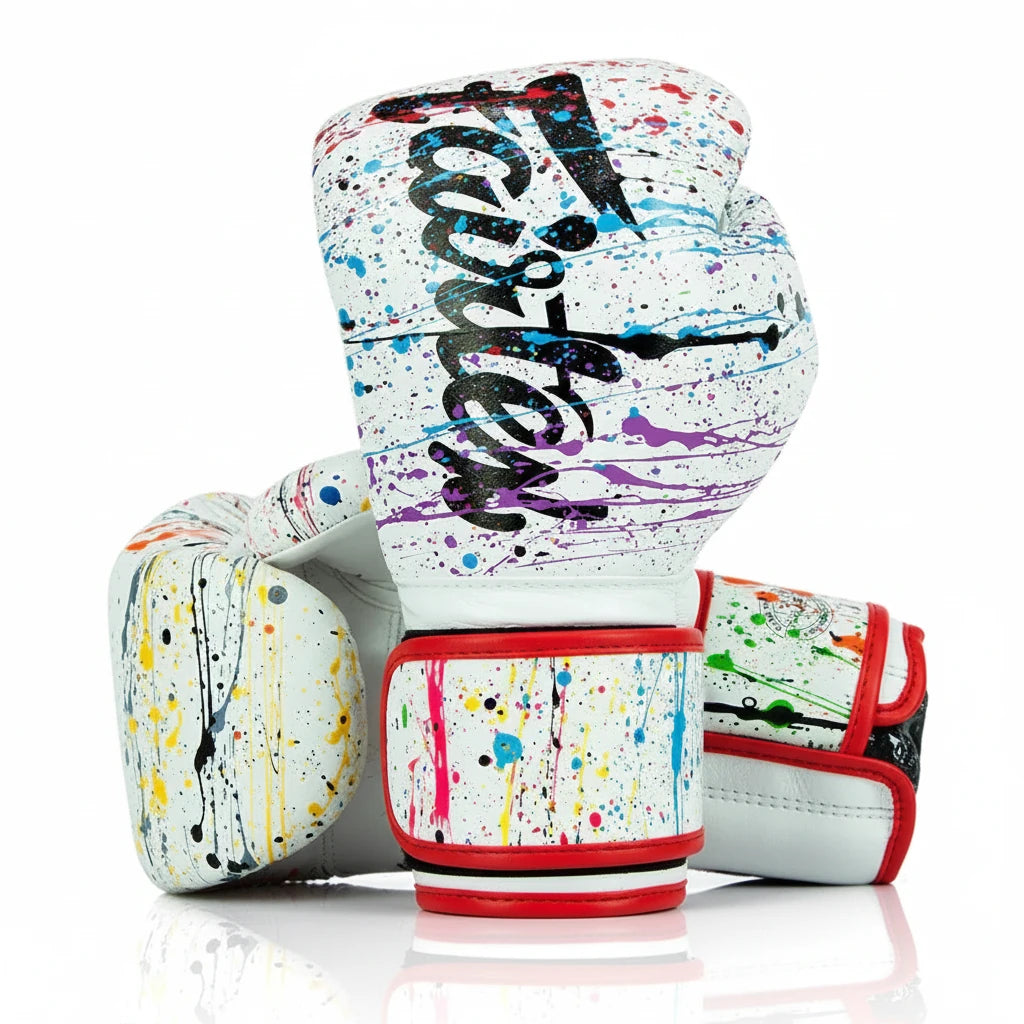 Colorful boxing gloves with brand logo on a white background