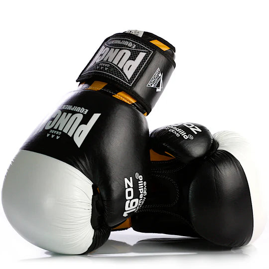 Pair of black boxing gloves with white accents on a white background