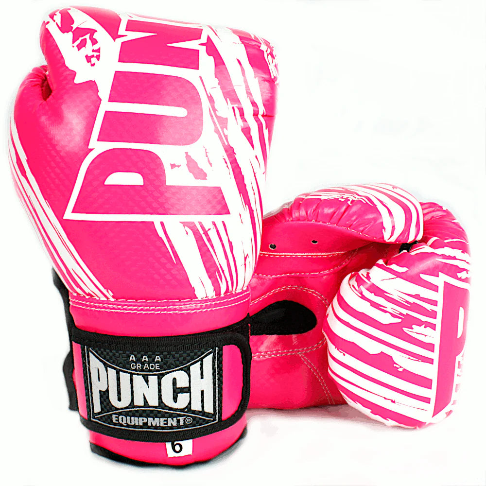 Pink boxing gloves with white text on a white background