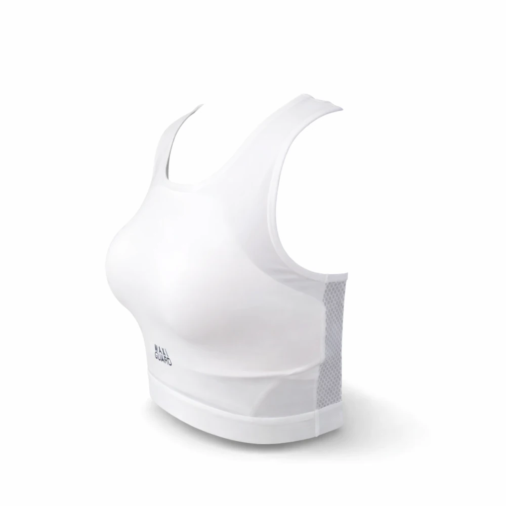 White QP sports bra with mesh back on a white background