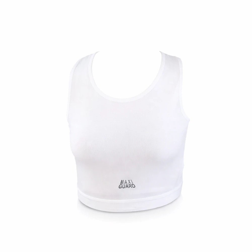 White sports bra with 'Maxi Guard' branding on a white background