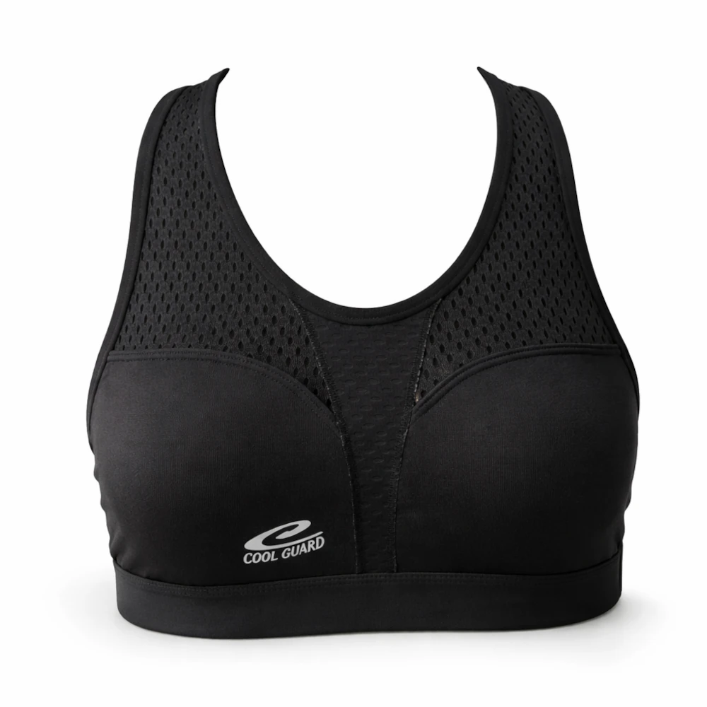 Black sports bra with mesh design on a white background
