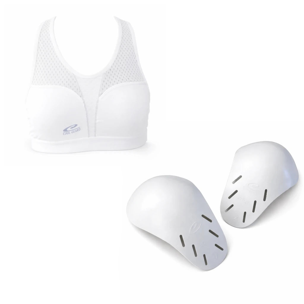 White bra with two plastic breast cups on a white background
