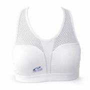 White sports bra with mesh design on a white background