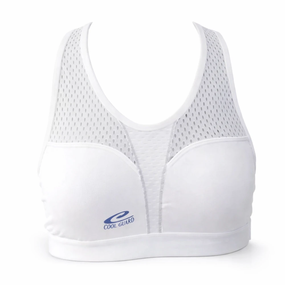 White sports bra with mesh design on a white background
