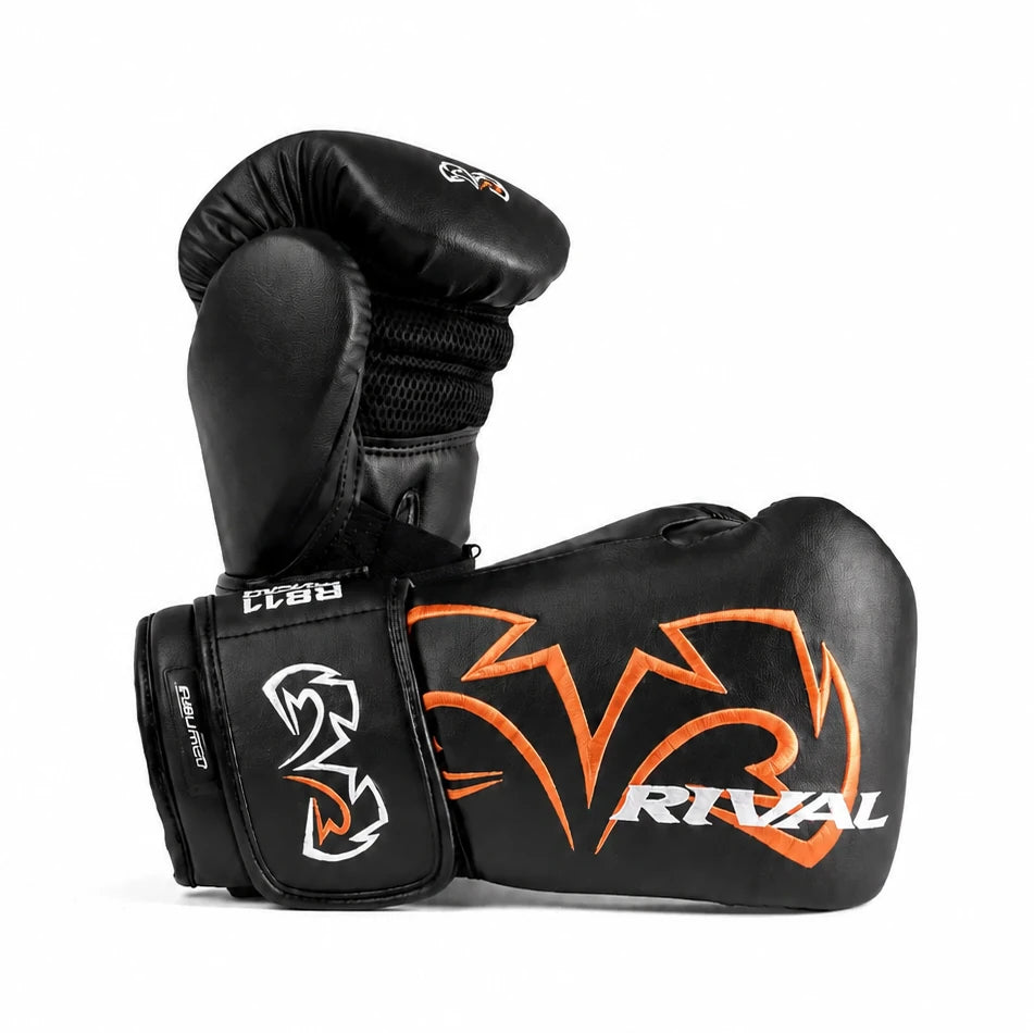 Black Rival boxing gloves with orange and white design on a white background