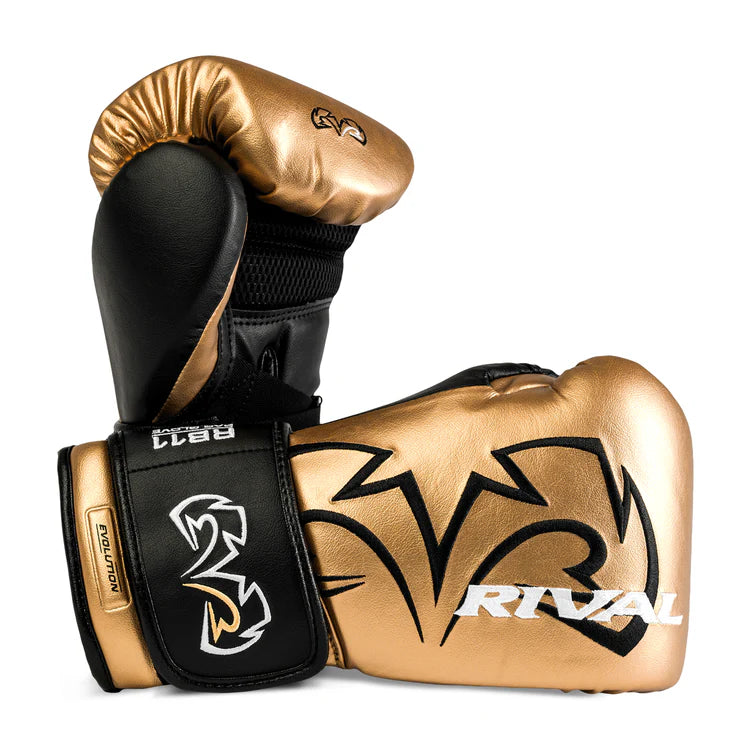 Gold and black boxing gloves with 'Rival' branding on a white background