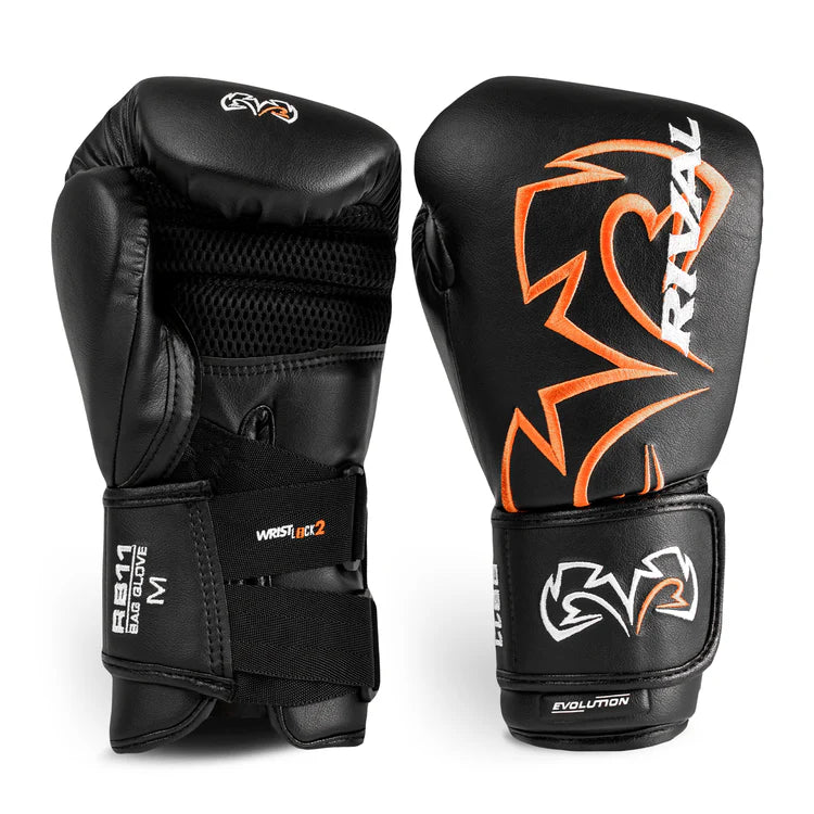 Black Rival boxing gloves with orange and white on a white background