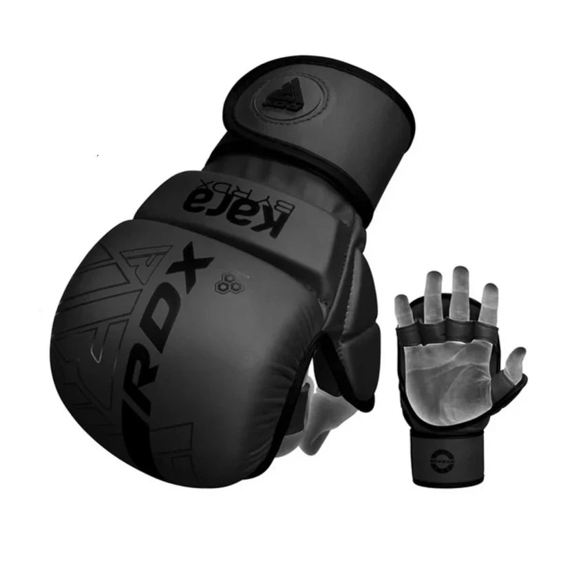 Black MMA sparring glove with RDX branding on a white background