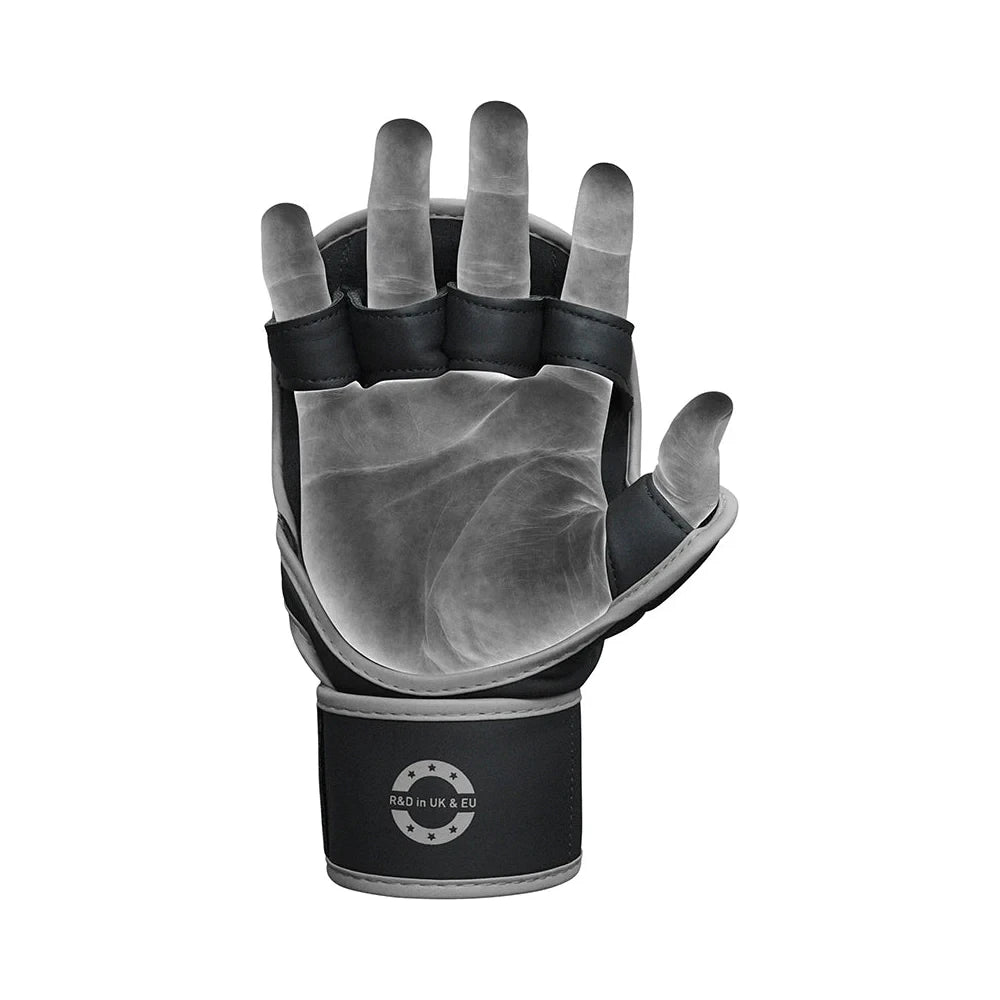 Palm side of a user's hand, wearing an RDX MMA sparring glove on a white background