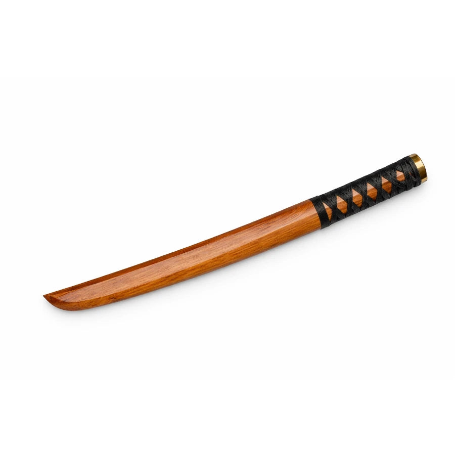 Wooden sword with black braided handle on a white background