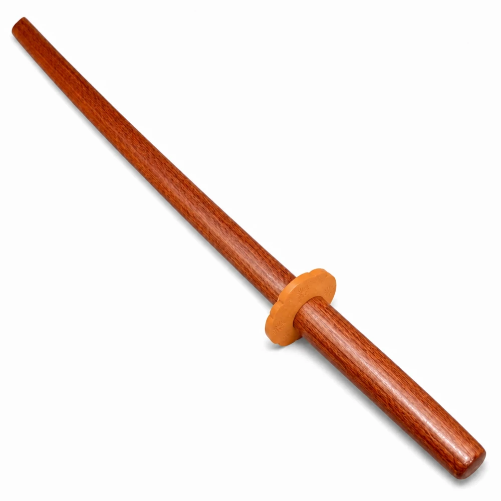 Red Oak Bokken sword with a floral guard on a white background